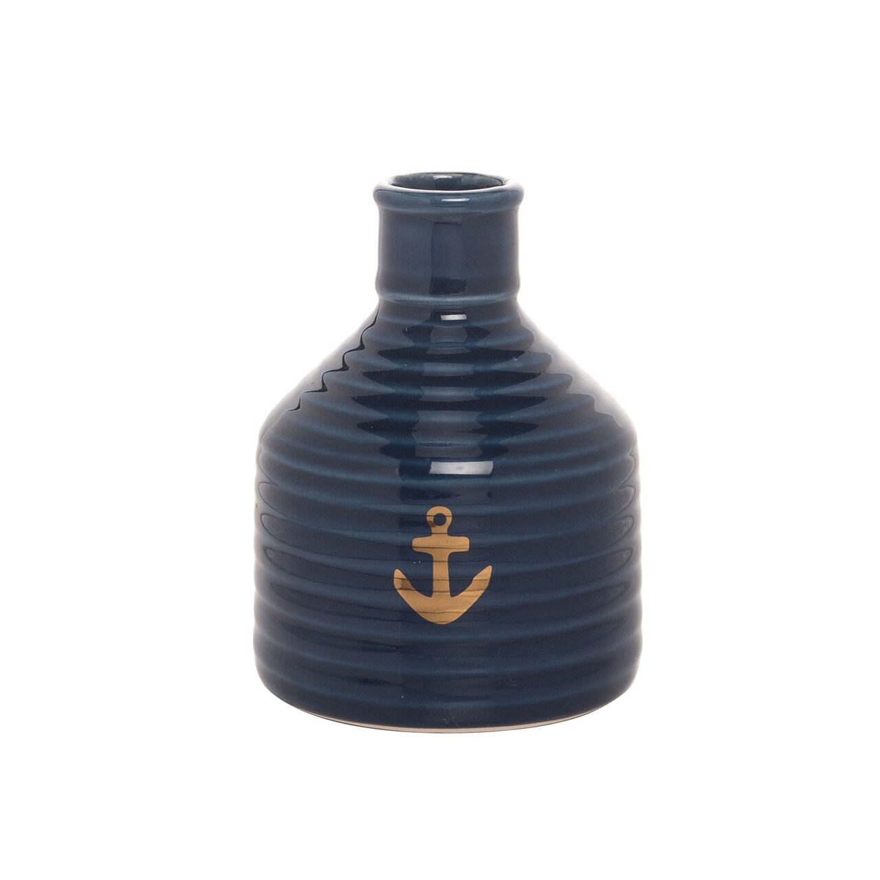 5.25" Ceramic Blue Anchor Emblem Small Floral Single Flower Vase